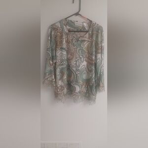 Alfred Dunner long sleeve green And Brown Paisley Swirley design Fringe XL